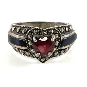 Vintage Garnet Onyx Marcasite Sterling Silver Ring Size 8 3/4 US